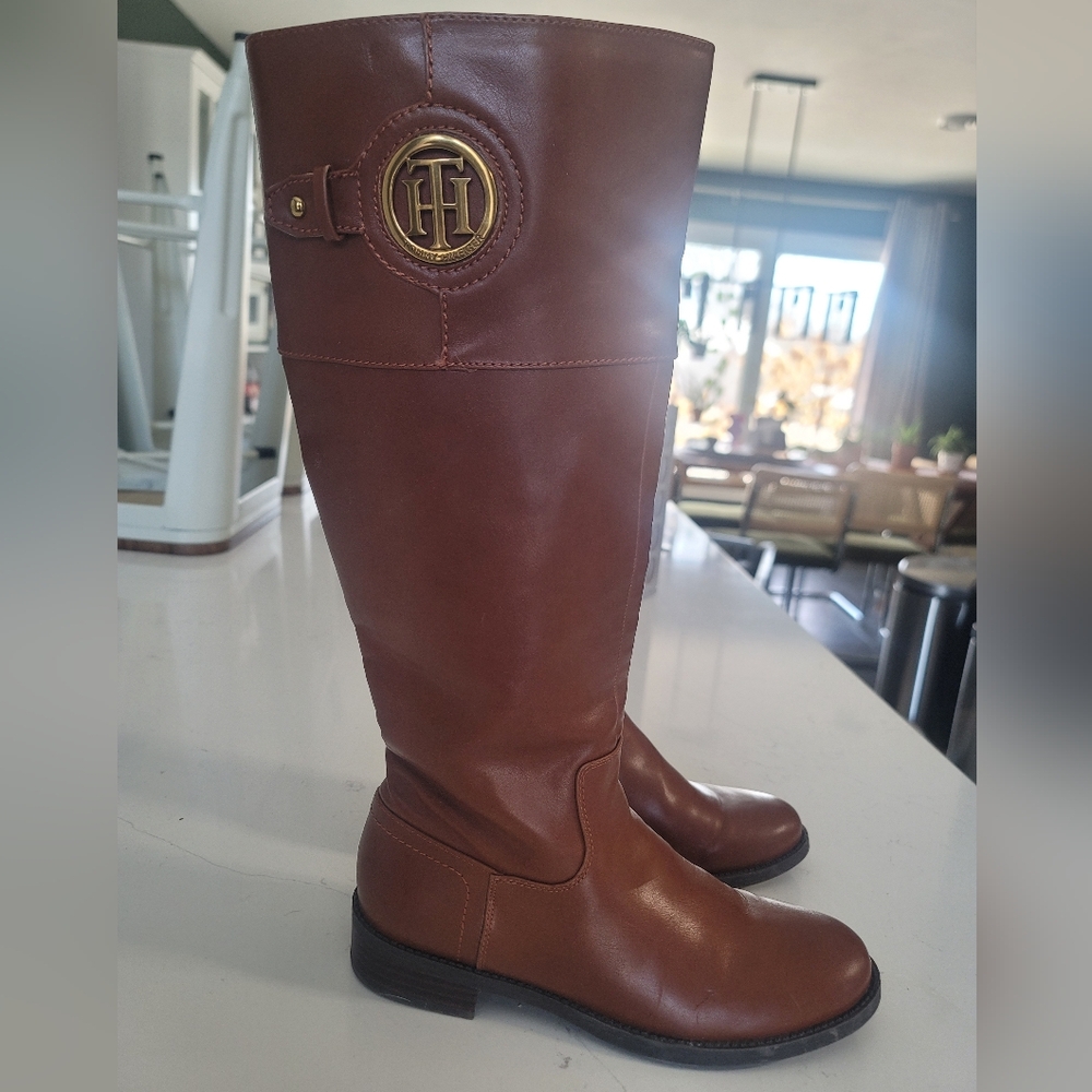 Tommy Hilfiger Twinezza Tall Riding Boots Logo Brown 6.5 Knee High